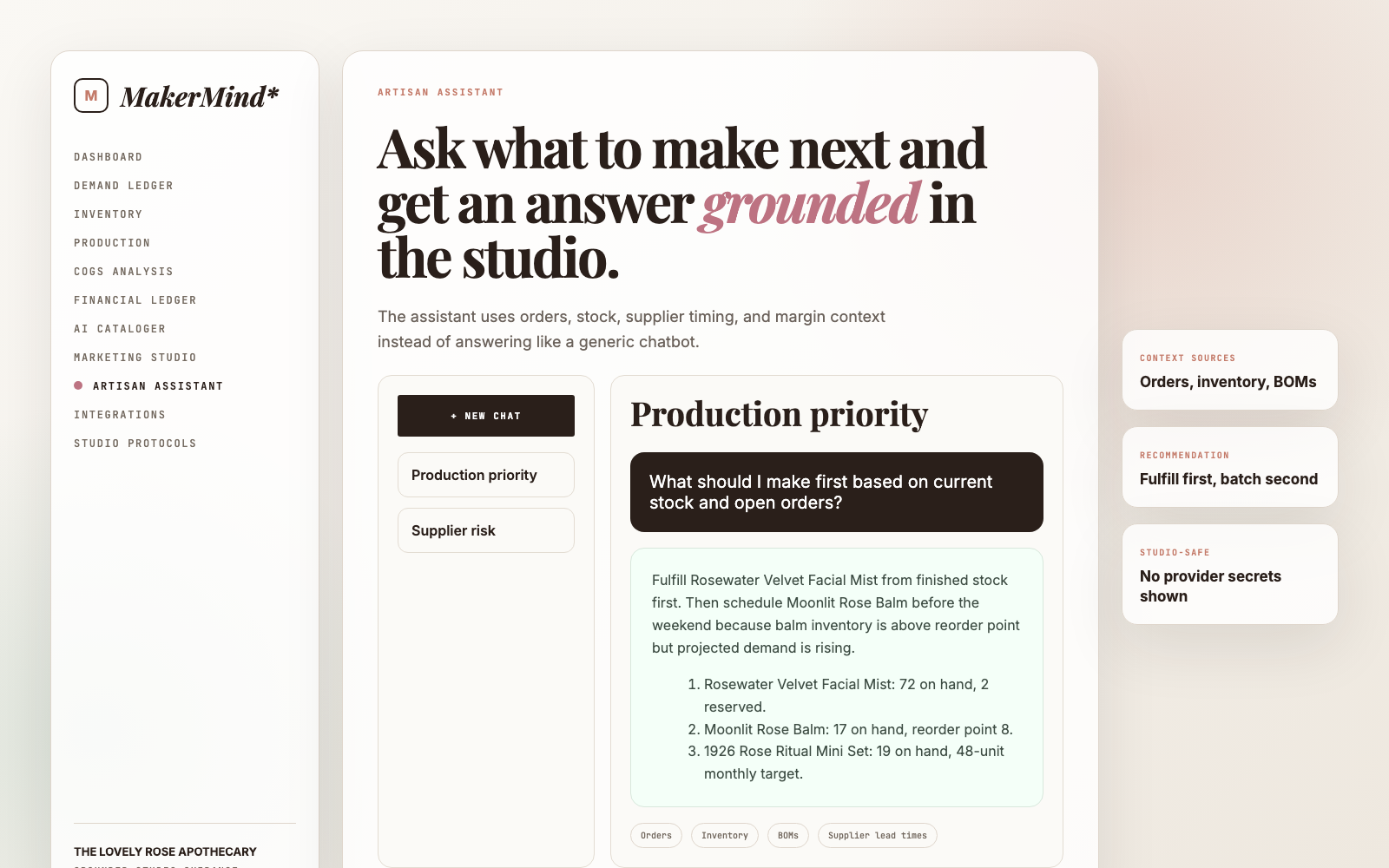 Promotional MakerMind Artisan Assistant screen for The Lovely Rose Apothecary answering an operations question from orders, inventory, BOMs, and supplier lead times
