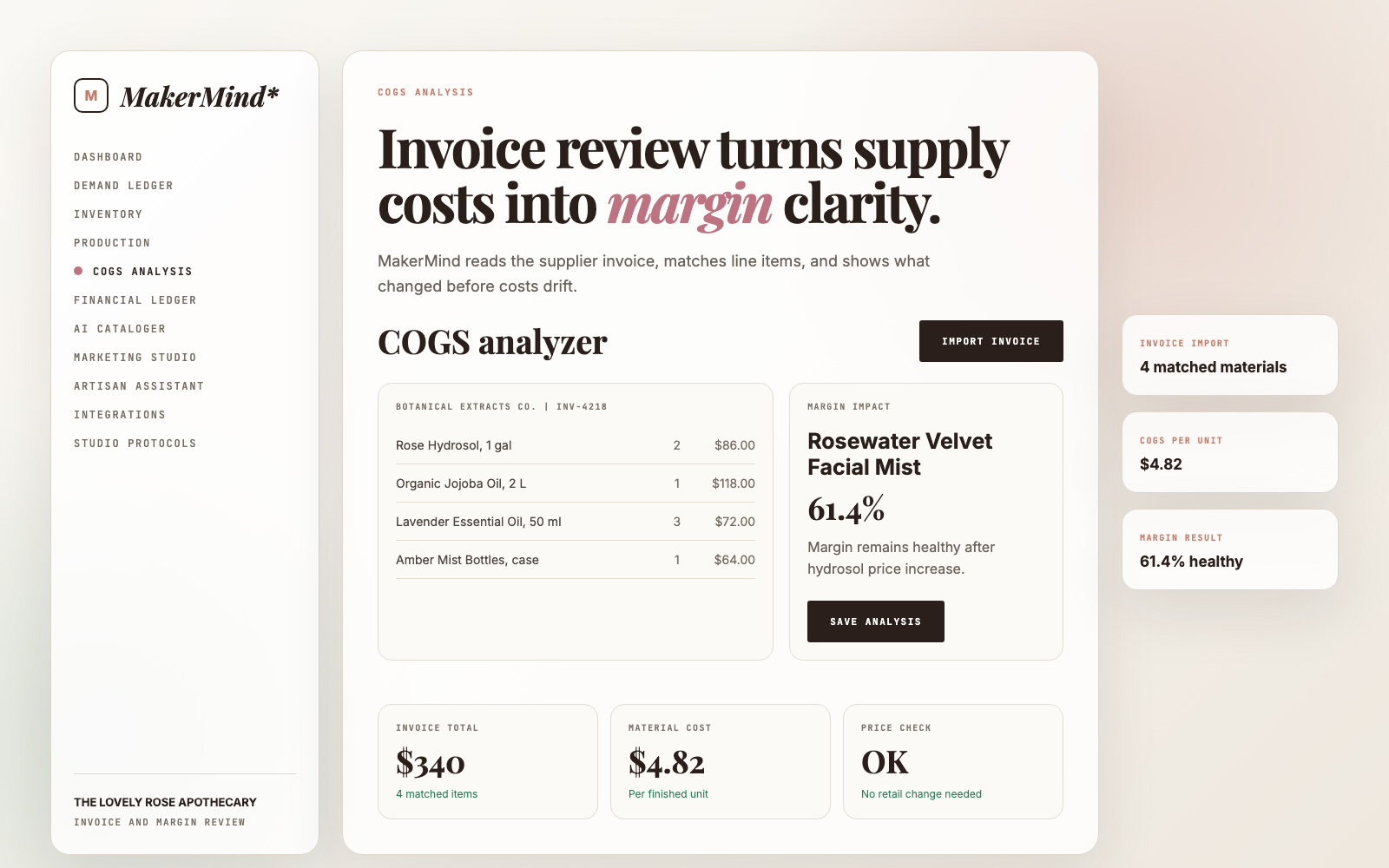 Promotional MakerMind COGS analyzer for The Lovely Rose Apothecary showing invoice import, matched materials, and margin impact