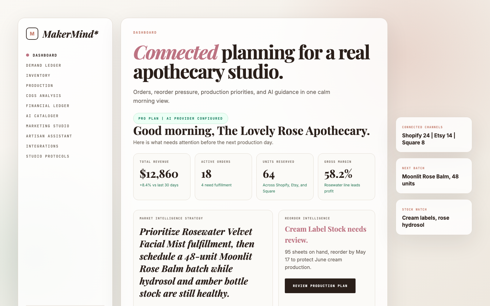 Promotional MakerMind dashboard for The Lovely Rose Apothecary with planning, reorder intelligence, connected channels, and active orders