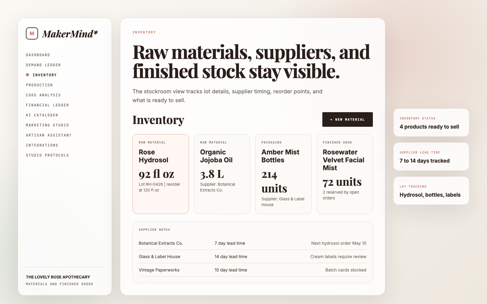 Promotional MakerMind inventory screen for The Lovely Rose Apothecary with raw materials, finished stock, suppliers, and lot tracking